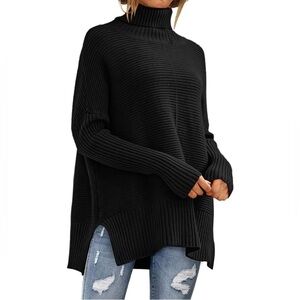 Turtleneck Long Batwing Sleeve Split Hem Pullover Ribbed Knit Black Sweater